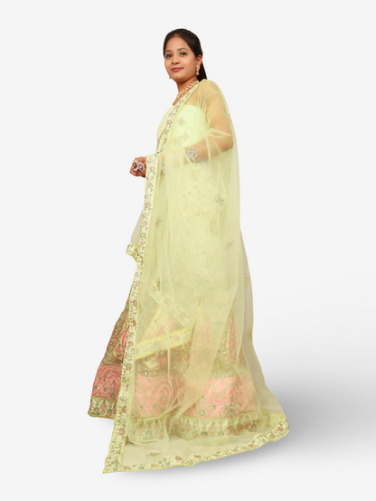 Semi-Stitched Lehenga with Soft Net Fabric & Zari Thread Work by Shreekama