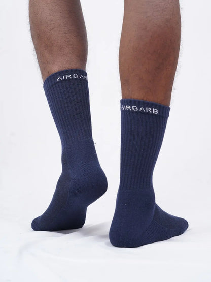 Three pairs of crew length cotton socks with cushioning for men and women by Air Garb, ideal for comfort and style.