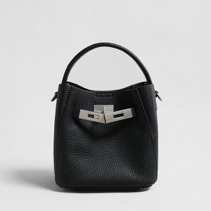 Pebbled Leather Mini Bucket Tote – Basket-Style Crossbody with Turn-Lock Hardware