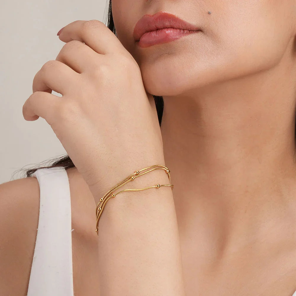 Triple Layer Gold Chain Bracelet with Beads E-legant Women’s Jewelry