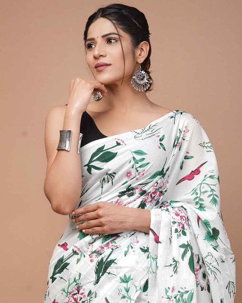 Whispering Petals White Bloom Cotton Saree