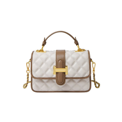 White Quilted Leather Satchel Bag with Gold Chain Strap