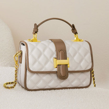 White Quilted Leather Satchel Bag with Gold Chain Strap
