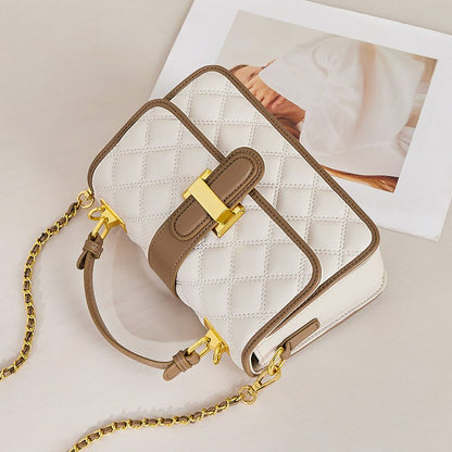 White Quilted Leather Satchel Bag with Gold Chain Strap